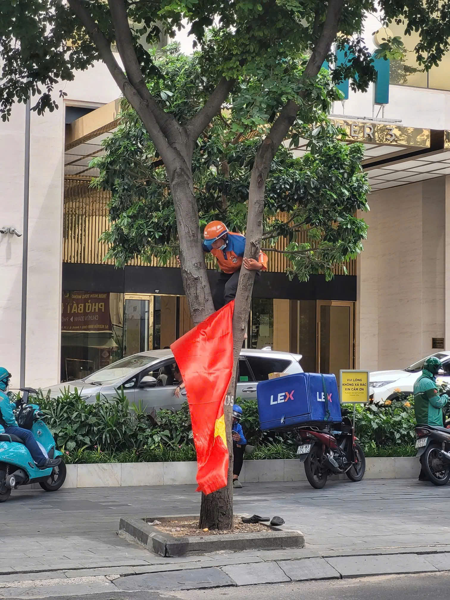 Anh shipper đi giao hàng, thấy lá cờ Việt Nam bị gió quật rơi liền leo lên cây gắn lại