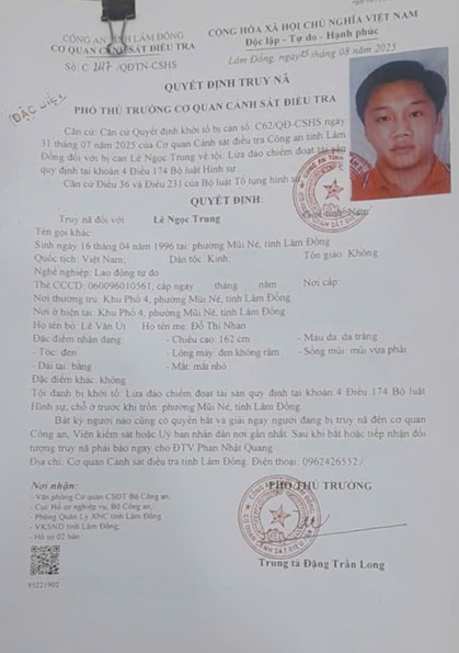 Truy nã đặc biệt đối tượng Lừa đảo chiếm đoạt tài sản