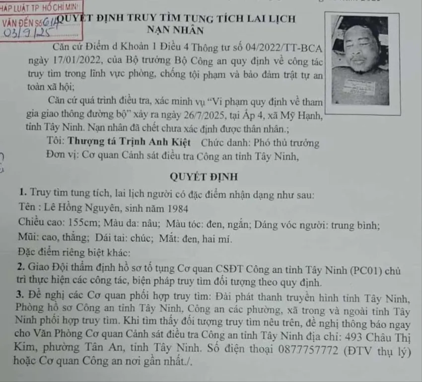 Tây Ninh: Truy tìm tung tích nạn nhân tử vong chưa rõ lai lịch