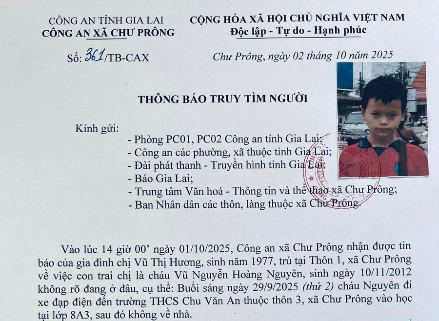 Gia Lai: Công an truy tìm nam sinh lớp 8 mất tích 3 ngày
