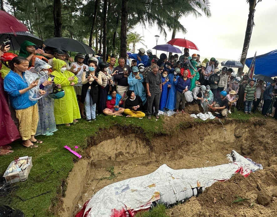 Hàng trăm người đội mưa đến xem nghi lễ chôn cất cá Ông ở Đà Nẵng