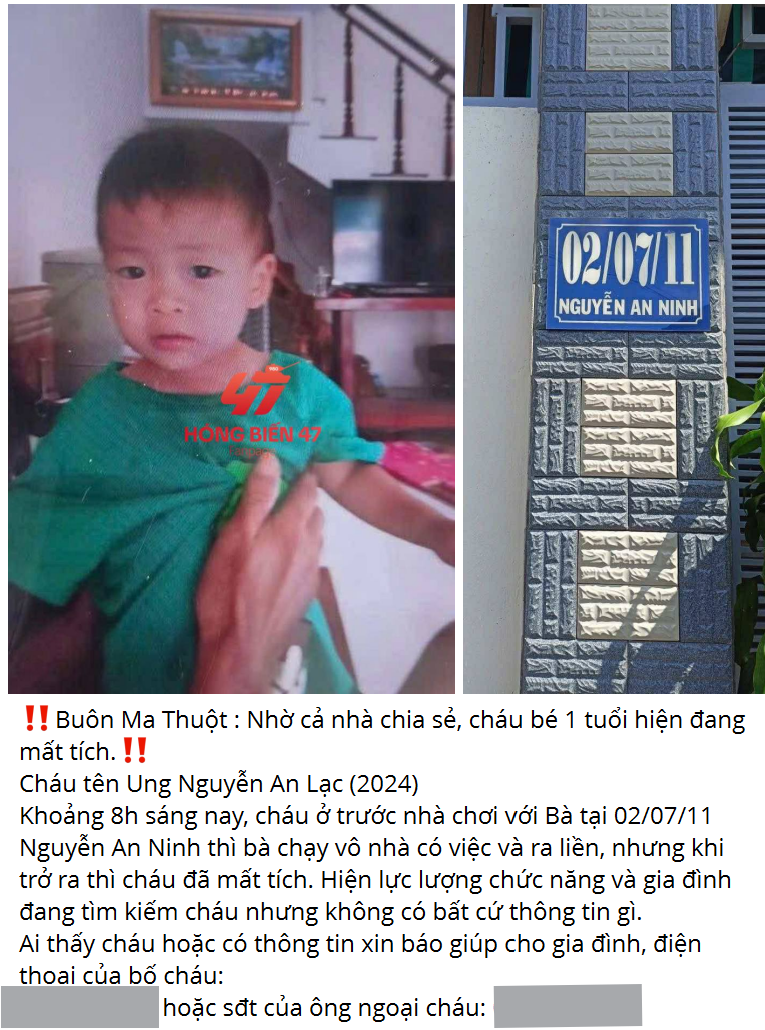 Cháu bé 1 tuổi bị mất tích ở Nguyễn An Ninh ( Đaklak )được phát hiện đã mất dưới giếng