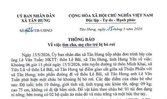 Tìm người thân của bé gái hơn 10 tháng tuổi bị bỏ rơi ở Hưng Yên