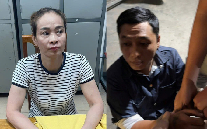 Nghi can Dũng (góc phải) và Linh (góc trái, tóc vàng), bị cảnh sát khống chế, tối 1/5. Ảnh: Công an cung cấp