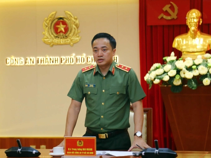 Giám đốc Công an TP HCM Mai Hoàng nói về vụ án, ngày 26/5. Ảnh: Quốc Thắng