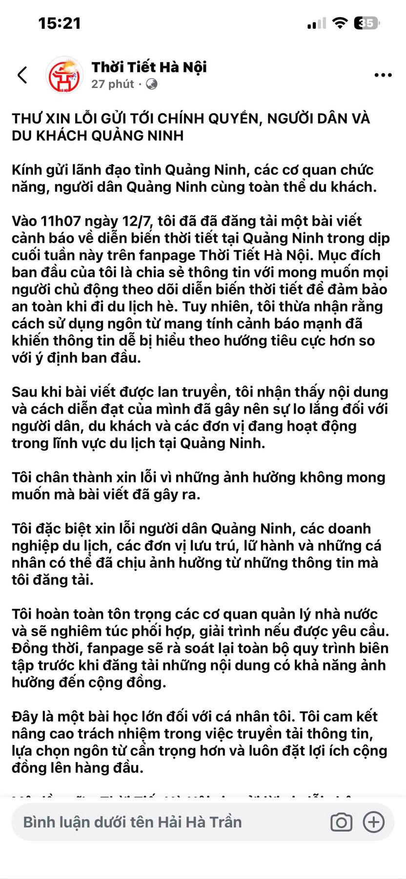 Trang page “Thời tiết Hà Nội” gửi thư xin lỗi chính thức tới chính quyền, người dân và du khách Quảng Ninh
