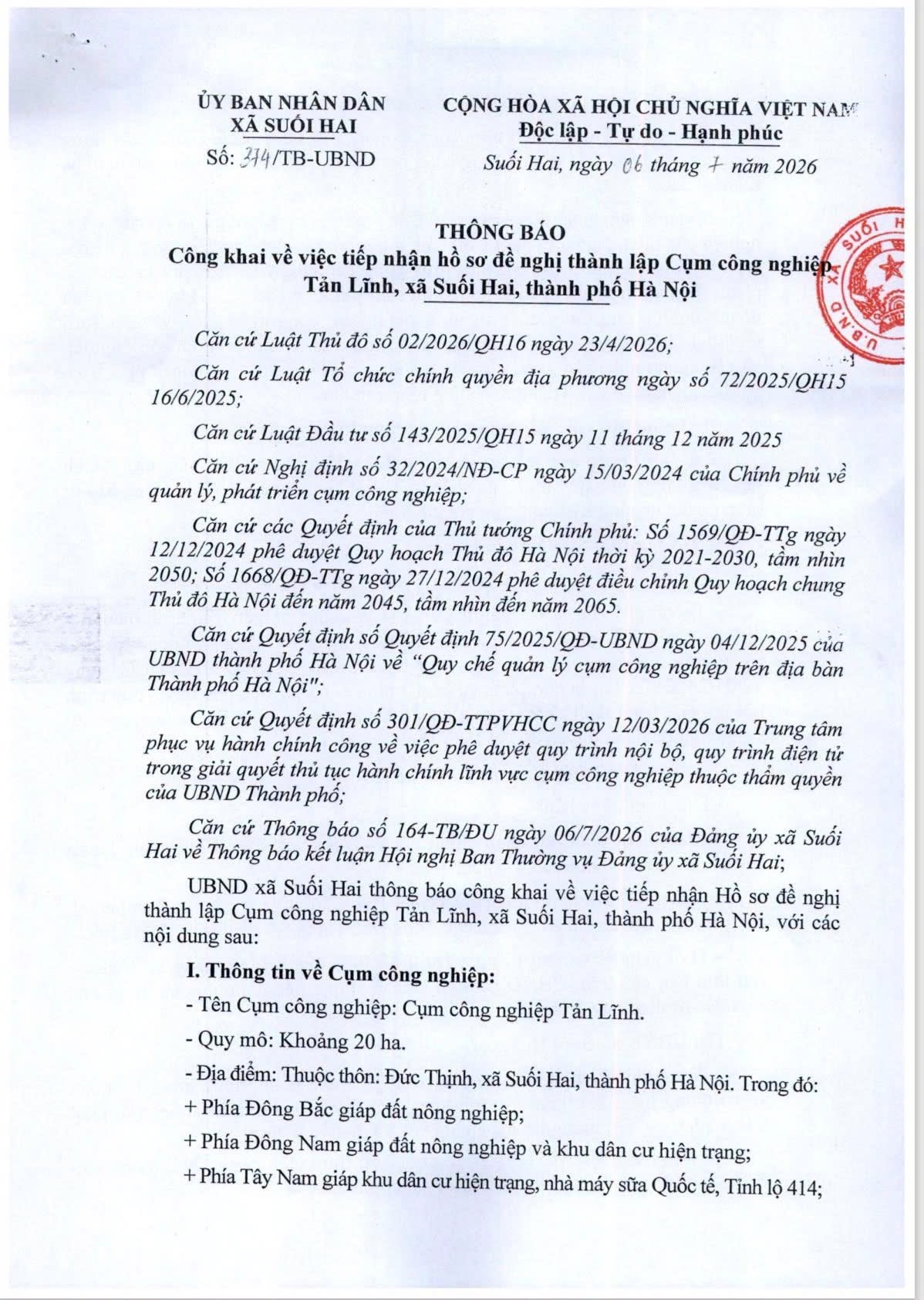 Xã Suối Hai công khai tiếp nhận hồ sơ đề nghị thành lập Cụm công nghiệp Tản Lĩnh